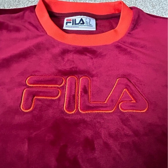 FILA Emiliana Velour Womens Ringer Crop Top Berry Red with Orange Medium - Picture 3 of 8